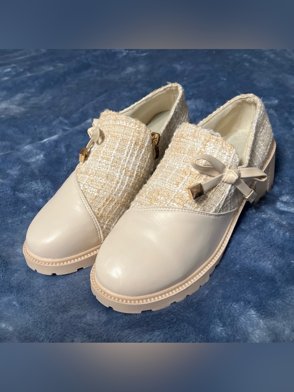 Women's Cream Slip-On Tweed Loafers with Bow Accent